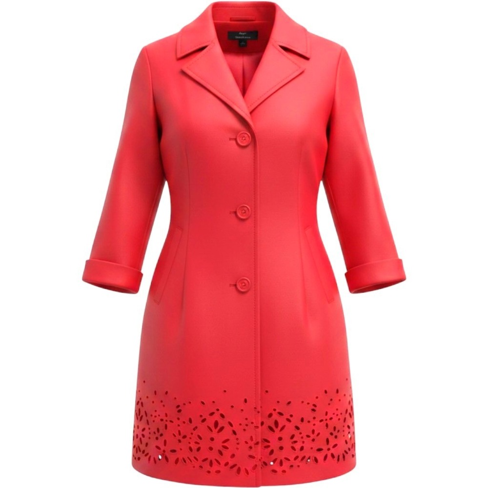 Dennis Basso Red Eyelet Hem Trench Coat Large Button Up Lined Jacket Retroglam